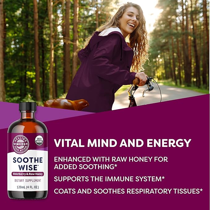 Vimergy Soothe Wise* - USDA Certified Organic – Fast-Absorbing Immune Support with Elderberry and Raw Organic Honey – Coats and soothes Respiratory tissues – Vegan Paleo-Friendly Gluten-Free