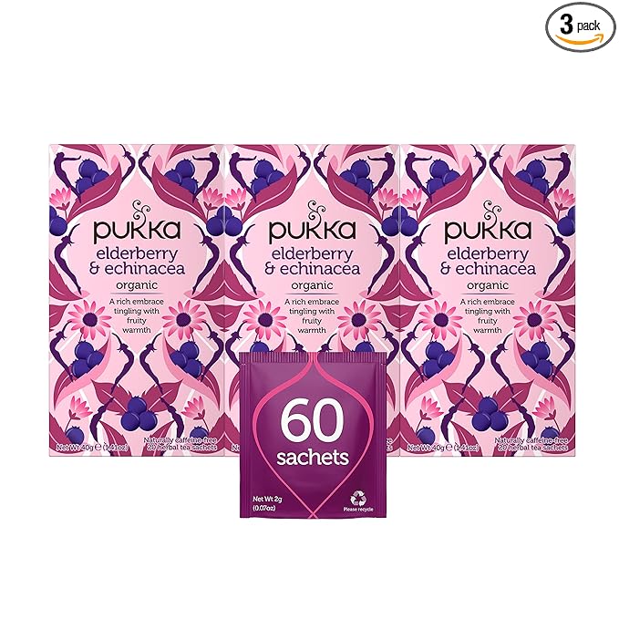 Pukka Organic Tea Bags Elderberry &amp Echinacea Herbal Tea Perfect for Wellness Support 20 Count (Pack of 3) 60 Tea Bags