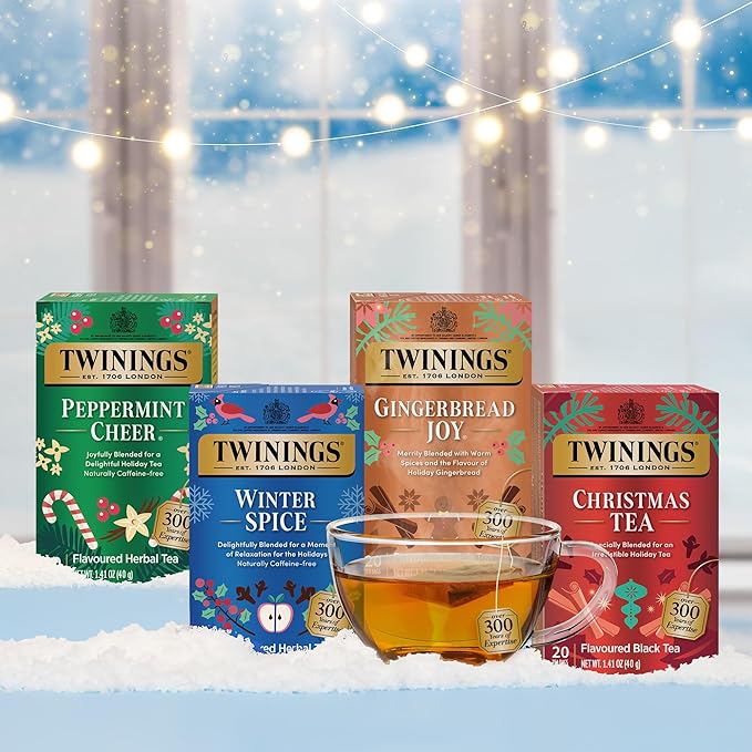 Twinings Holiday Variety Pack Tea Bags Christmas Tea Winter Spice Gingerbread Joy Peppermint Cheer 20 Count (Pack of 4) Enjoy Hot or Iced 80 Teabags