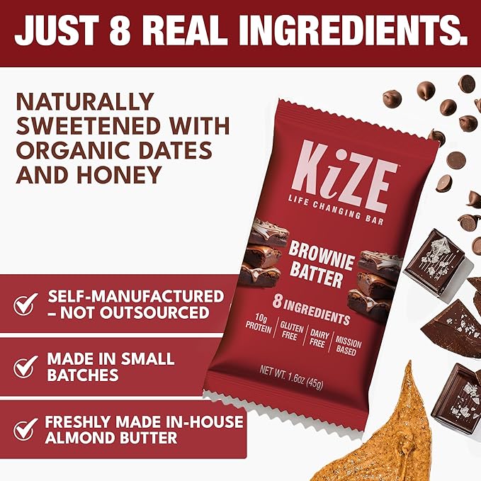 KiZE Energy Bars - Brownie Batter - 20-Count - Almond-Butter-Based Gluten Free Dairy Free Non-GMO and High Protein Meal Replacement Energy Bars Clean and Simple Food Ingredients - 10g High Protei