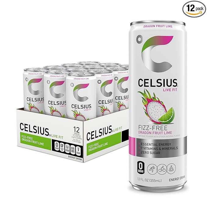 CELSIUS Fizz Free Dragon Fruit Lime Sugar Free Energy Drink 12 Fl Oz (Pack of 12)