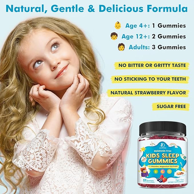Kids Sleep Gummies with Magnesium Glycinate – Melatonin Free Bedtime Support for Kids – Calm &amp Relaxation with L-Theanine GABA Chamomile &amp Lemon Balm – Sugar Free Mixed Berry Flavor 60 Gumm