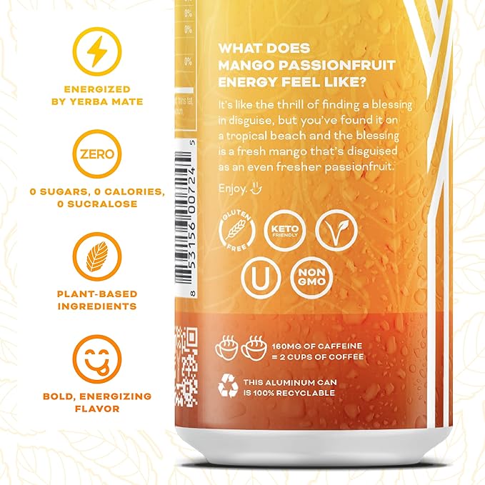 Yerbaé Mango Passion Fruit Functional Energy Drink - 0 Sugar 0 Calories 0 Carbs. Yerbae is Energized by Yerba Mate Plant-Based Healthy Alternative to Sugary Energy Beverages 16oz cans (12 Pack)