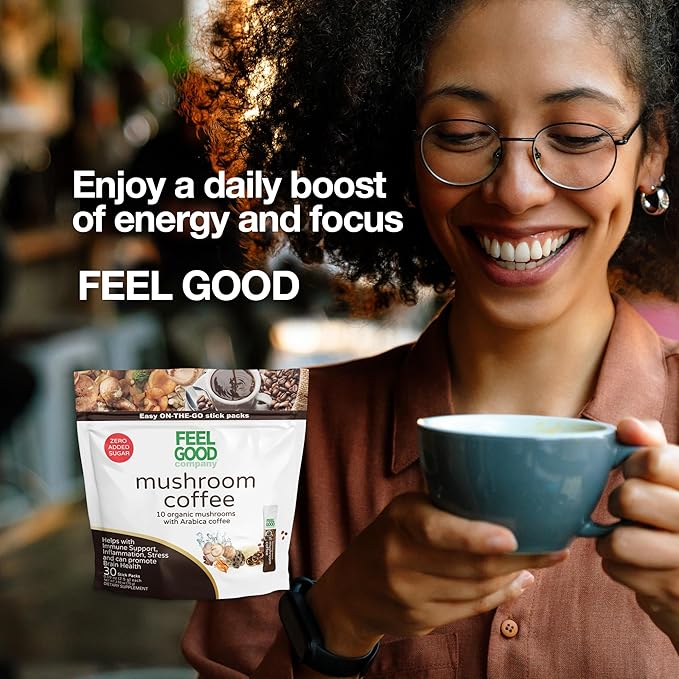 Feelgood Company Mushroom Coffee with 10 Organic Mushrooms and Arabica Coffee 30 Stick Packs Zero Added Sugar Supports Immune Health and Brain Function