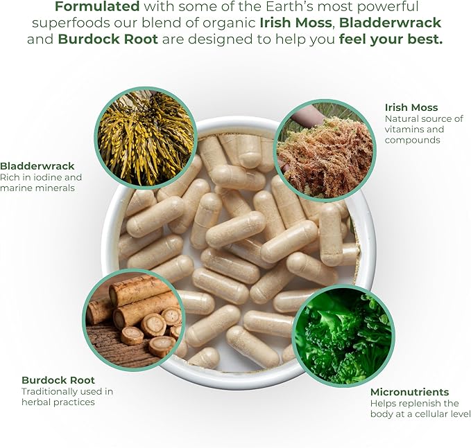 Red's Kitchen Sink Cell Fuel 102 – Organic Sea Moss 120 Capsules with Bladderwrack &amp Burdock Root | Dr. Sebi Inspired Herbal Blend | 60 Servings 2 Month Supply | Vegan 100% Natural