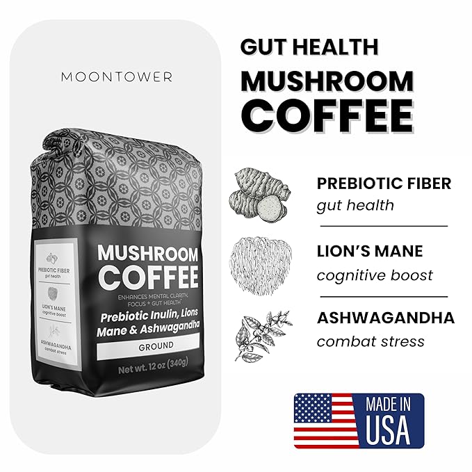 Gut Health Mushroom Coffee with Lion's Mane Prebiotic Fiber &amp Ashwagandha - Gut Health Blend for Focus &amp Stress Support - Natural Mushrooms Powder Mix for Digestive Wellness by Moontower