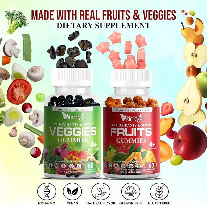 VITINITY Made with Real Fruit-Real Veggie Gummies-Superfood Vegetable Vitamin Supplement for WomenMenKids-Blend of Fruit and Greens for Daily Health.Fruits and Vegetables Supplements (30-Day Supply)