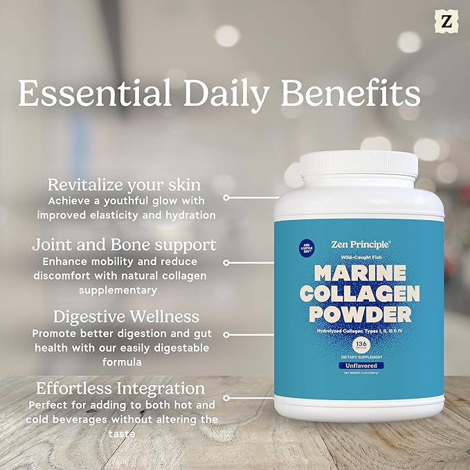Zen Principle Marine Collagen Peptides Powder 3lb. Wild-Caught Fish Non-GMO. Supports Healthy Skin Hair Joints and Bones. Hydrolyzed Type 1 &amp 3 Protein. Amino Acids Unflavored Easy to Mix.