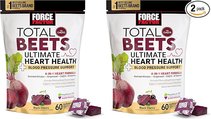 Force Factor Total Beets Ultimate Heart Health Chews for Blood Pressure Supportwith Beetroot PowderCoQ10B Vitamins &amp Grapeseed Extract for Blood Flow &amp EnergyBlack Cherry60 Soft Chews(Pa