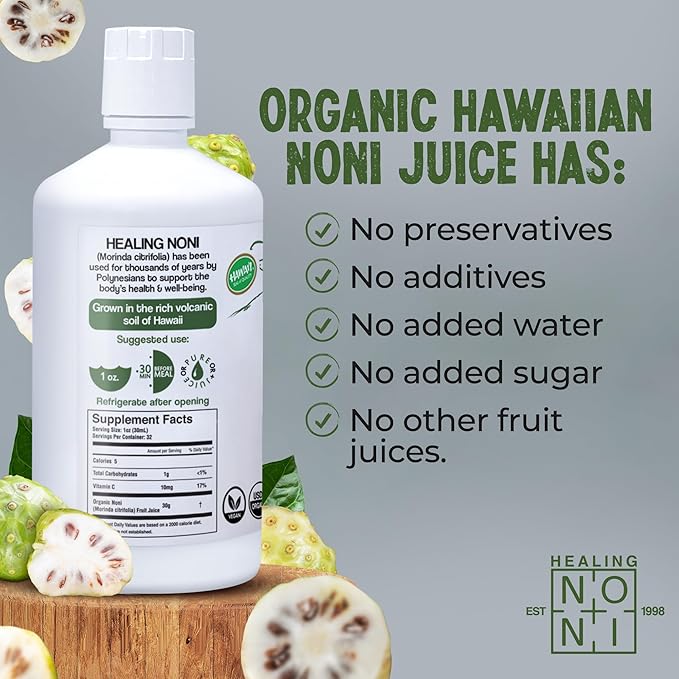 Healing Noni - 2-Pack Plastic Bottle 32oz - 100% Pure Hawaiian Organic Noni Juice - USDA Certified Organic
