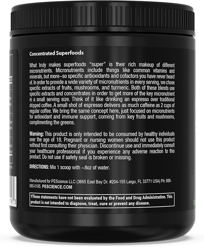 PEScience Greens Powder Superfood with Natural Chlorophyll Reishi &amp Turkey Tail Mushroom Powders Freeze-Dried Kale Spinach Broccoli Sprouts - Berry Flavor 30 Servings