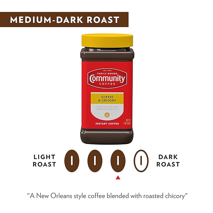 Community Coffee and Chicory Medium Dark Roast Instant | 7 Oz Jar | Pack of 4 | Arabica Beans | Rich Flavorful
