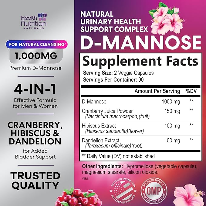 D-Mannose Supplement - 1000mg D Mannose Per Serving with Cranberry Hibiscus &amp Dandelion - Fast-Acting Natural Urinary &amp Bladder Support for Women &amp Men – Flush &amp Cleanse Impurities