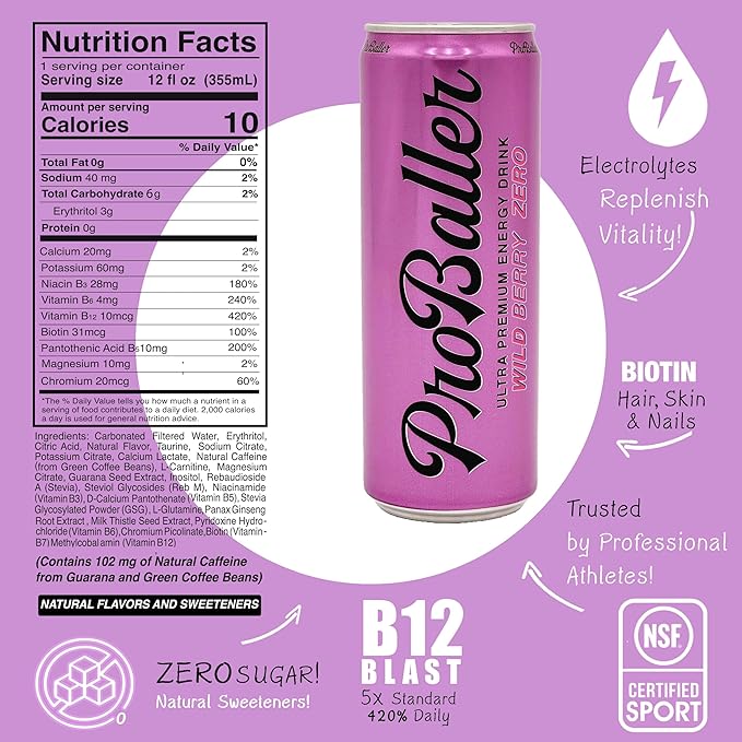ProBaller Clean Energy Drink - Athlete-Grade Energy for Focus &amp Performance Zero Sugar NSF Certified for Sport Natural Caffeine Biotin Electrolytes Amino Acids &amp B Vitamins - Wild Berry