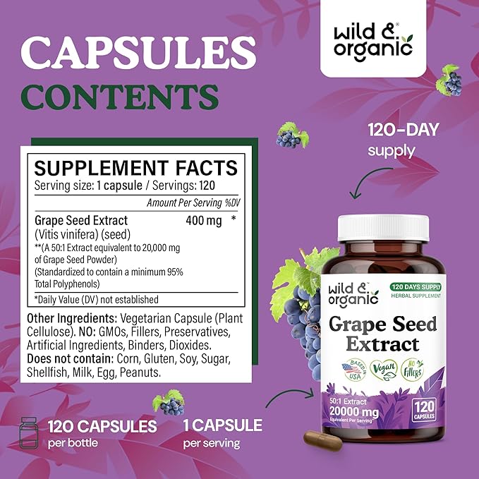 Wild &amp Organic Grape Seed Extract Capsules - 20000 mg Strength Grapeseed Extract Equivalent - 95% Polyphenols - 400 mg per Serving - 120 Vegan Capsules - 4 Month Supply - Non-GMO