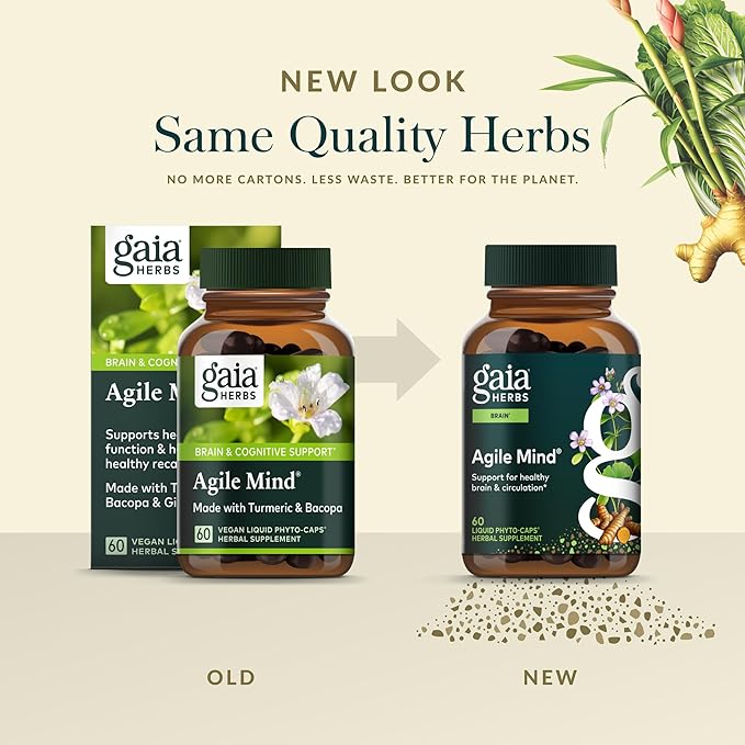 Gaia Herbs Agile Mind - Brain Support Herbal Supplements - Brain Circulation Support* - with Turmeric Root Bacopa Black Pepper &amp Ginkgo Biloba - 60 Vegan Liquid Phyto-Capsules (60 Servings)