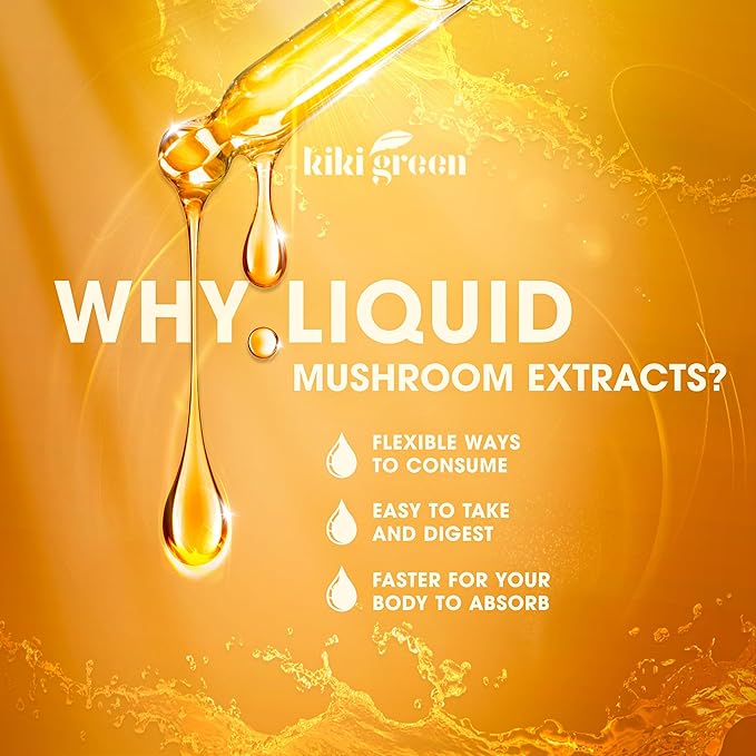 Kiki Green 8 Mushrooms Liquid Extract Drops - Adaptogenic Complex for Cognitive Support Immunity Boost - Lions Mane Supplement Cordyceps Chaga Reishi Shiitake Maitake Red Reishi