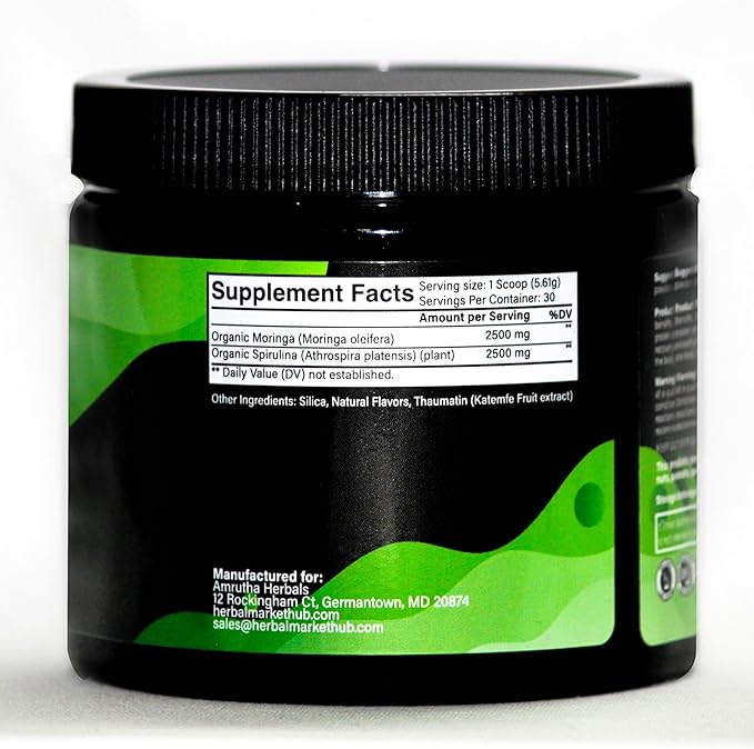 Organic Spirulina + Organic Moringa Greens Powder Gluten-Free Vegan Friendly Detox &amp Digest Superfoods 30 Servings Made in USA