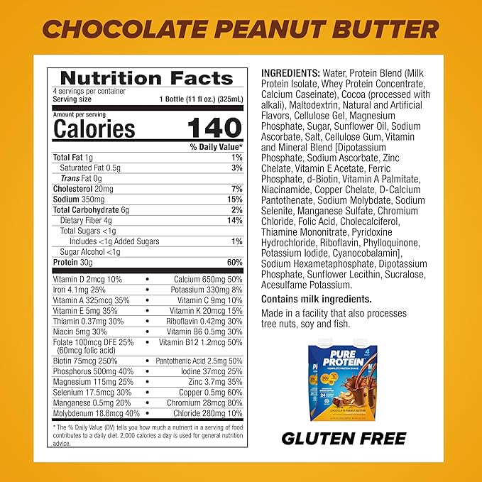 Pure Protein Complete Protein Shake Chocolate Peanut Butter 30g High Protein Drink Less than 1g Sugar 3g Fiber Ready to Drink Non GMO On-the-Go Shakes 11oz Bottles 12 Pack