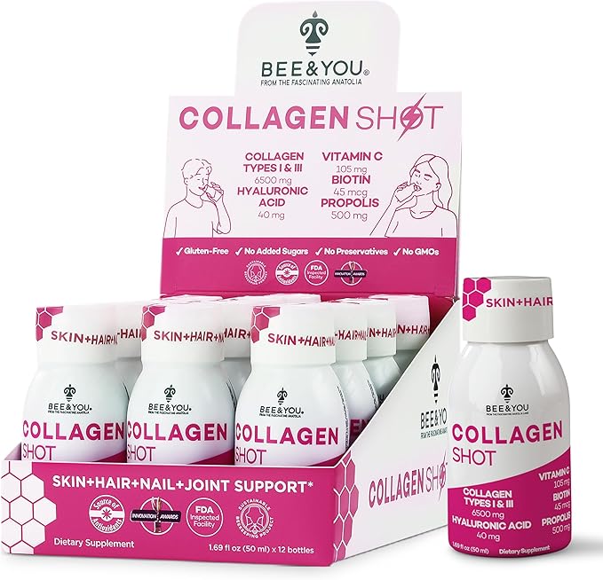 Bee and You Collagen Liquid Shot Drink with Vitamin C Propolis Extract Hyaluronic Acid Biotin Promotes Skin Hair Nail and Joint Health 1.69 fl. Oz x 12 Pack