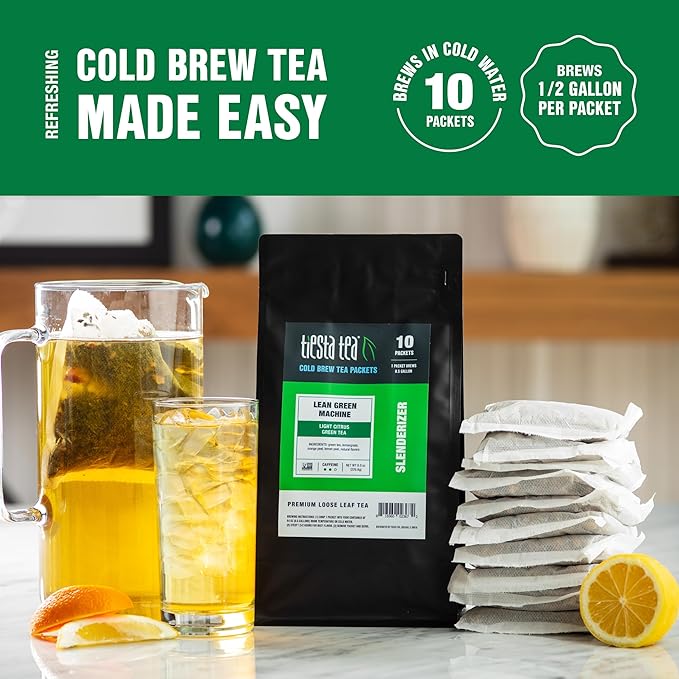 Tiesta Tea - Lean Green Machine Cold Brew Loose Leaf Light Citrus Green Tea Medium Caffeinated Blend Cold Brew Packets Makes 64 oz Per Bag (Pack of 10)
