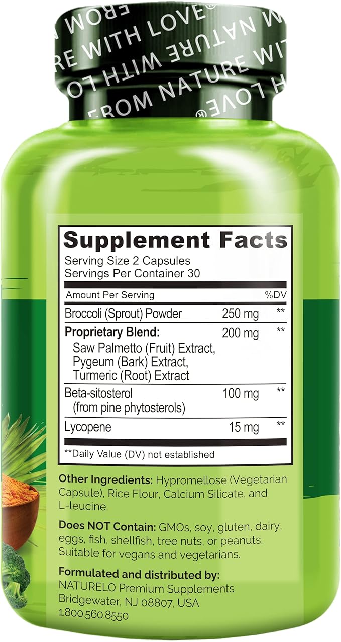 NATURELO Prostate &amp Urinary Health Comprehensive Formula with Saw Palmetto Pygeum Tumeric Plant Sterols Broccoli and Lycopene 60 Vegetarian Capsules