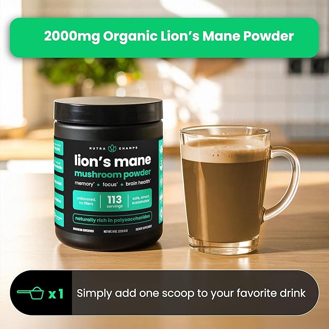 NutraChamps Organic Lions Mane Powder - 2000mg Powerful Nootropic for Memory Focus Immune Support - Vegan Lion’s Mane Mushroom Powder Supplement with Naturally Occurring Beta-Glucans - 8oz