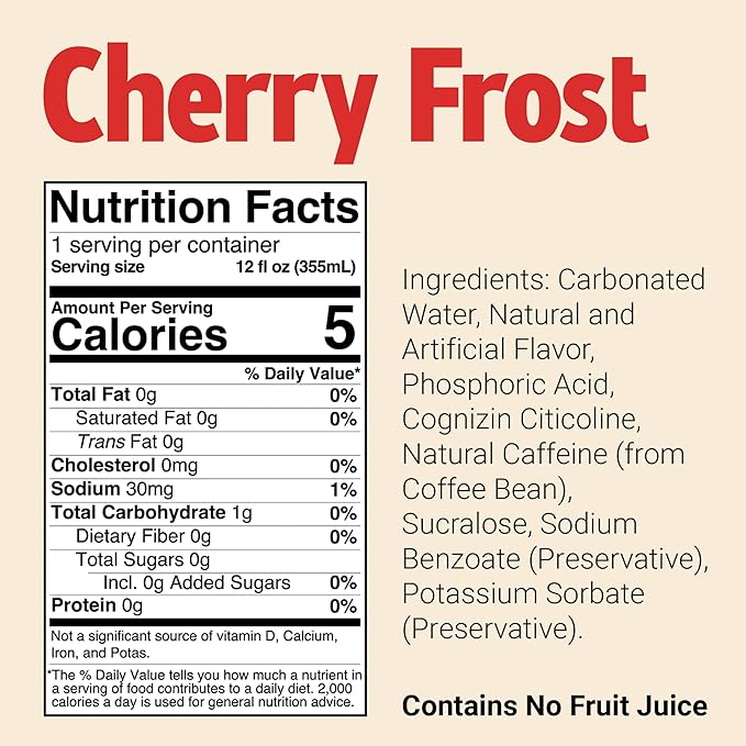 BUM Sugar-Free Energy Drink Cherry Frost - Lightly Carbonated &amp No Artificial Colors Natural Caffeine &amp Citicoline for Energy &amp Focus Brain Boost &amp Workout Sports Beverage - 12 oz