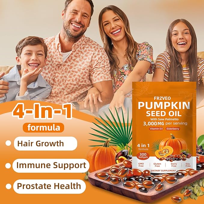 Pumpkin Seed Oil with Saw Palmetto Vitamin D3 &amp Elderberry-300 Capsules Pure Virgin Oil Essential Fatty Acids &amp Phytosterols-Supports Prostate Function Hair Health &amp Urinary Comfort