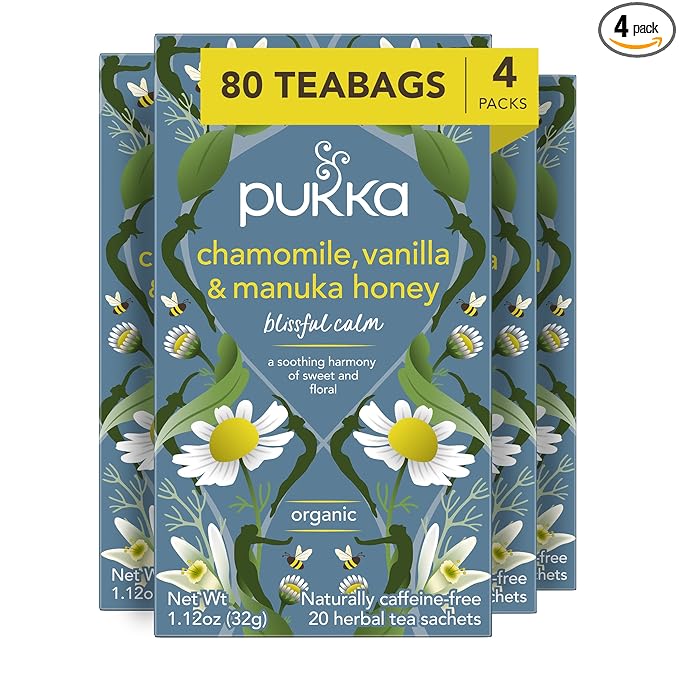 Pukka Calming Chamomile Vanilla &amp Manuka Honey Organic Herbal Tea Soothing Organic Tea Infusion Selection Honey &amp Fennel Blend Caffeine Free 80 Total Bags (20ct - Pack of 4)