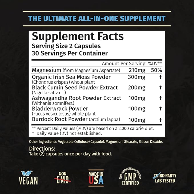 Sea Moss Capsules – Irish Sea Moss Advanced Magnesium Ashwaghanda Black Seed Oil Burdock Root &amp Bladderwrack – Immune Support Gut Health Energy &amp More – 60 Capsules