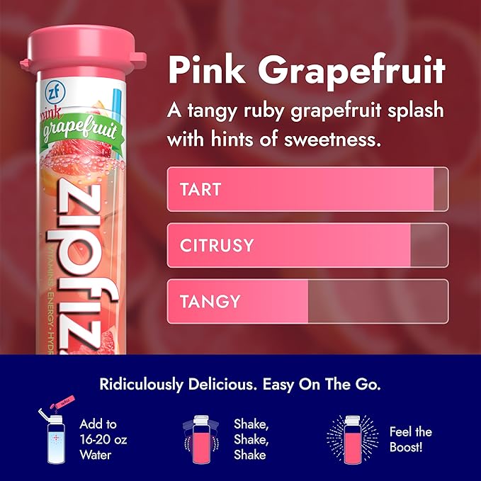 Zipfizz Daily Energy Drink Powder Pink Grapefruit 20 Pack | 3-in-1 Sustained Energy Rapid Hydration and Essential Vitamins | Sugar-Free | Electrolyte Powder | Contains Vitamin B-12 &amp Antioxida