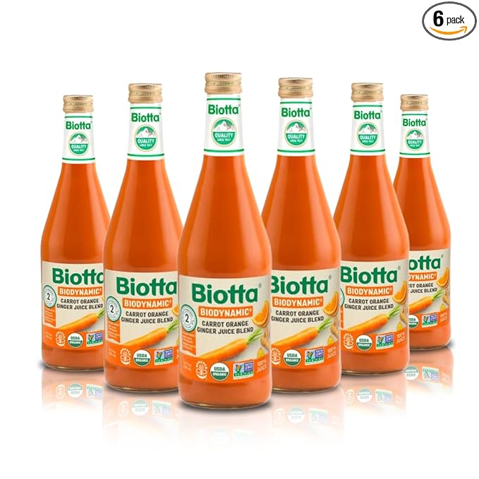 Biotta Organic Carrot Orange Ginger Juice - 100% Vegetable Juice for Energy Immunity &amp Wellness - Excellent Source of Nutrients - All Natural Non-GMO Gluten-Free (16.9 Fl Oz Pack of 6)