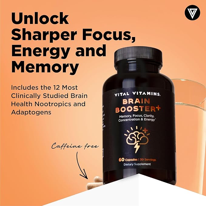 Vital Vitamins Nootropic Brain Supplement Plus - for Memory Focus Concentration Neuro Energy Clarity - with Lion's Mane Mushrooms - 60 Capsules
