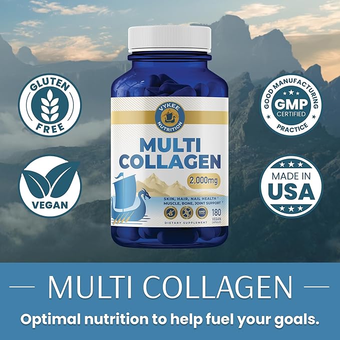 Vykee Nutrition Multi Collagen + Biotin &amp Hyaluronic Acid – 2000mg Beauty &amp Joint Support | Hair Skin Nails &amp Mobility | Multi-Type Collagen for Daily Strength &amp Resilience | 180 Ca