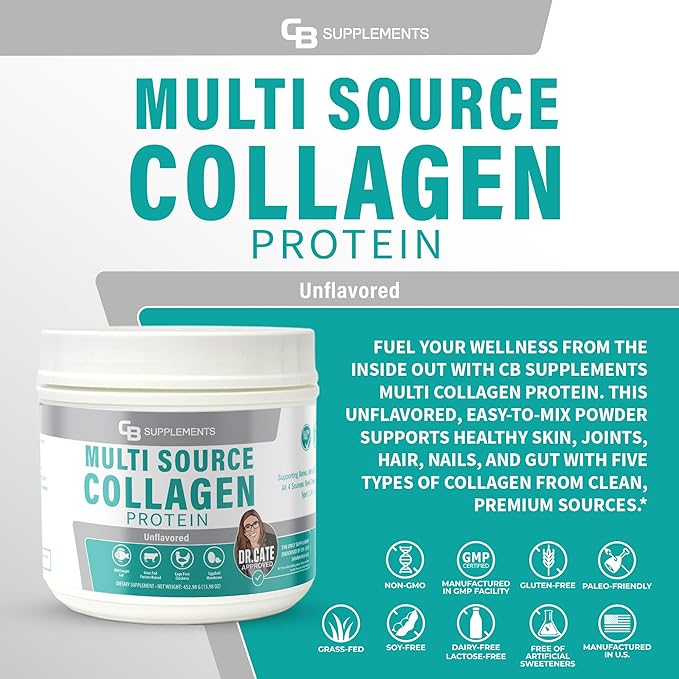 CB Supplements Multi Collagen Protein – Hydrolyzed Collagen for Joint Skin Gut Hair &amp Nail Health – Unflavored Powder with Types I II III V &amp X – Grass-Fed &amp Clean – 58 Servings