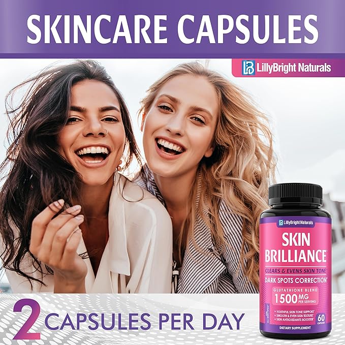 Glutathione Capsules - 1500mcg L-Glutathione Supplement with Vitamin C - Skin Tone Enhancer - Targets Dark Spots &amp Acne Marks - Antioxidant Supplement for Beauty &amp Health Support - 60 Skin Pi