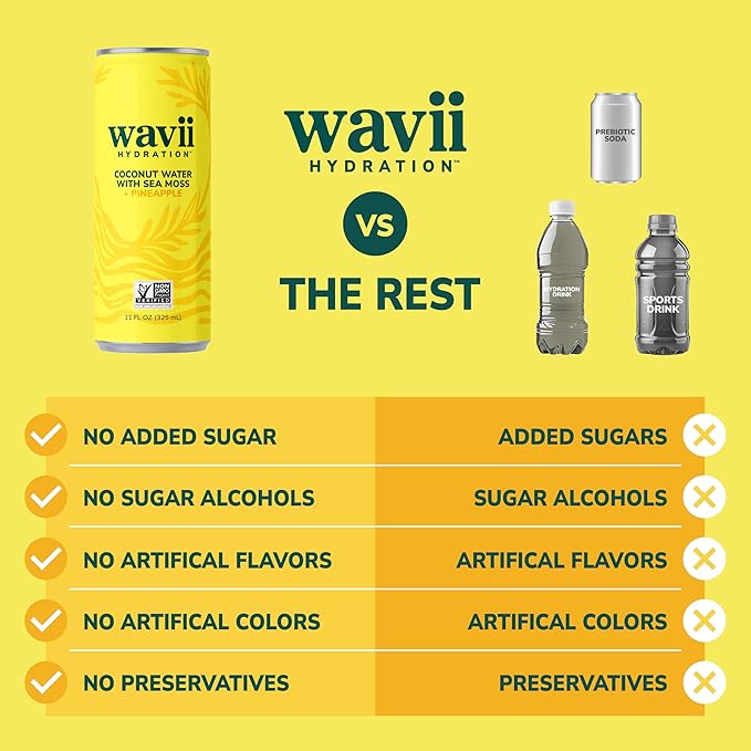 Wavii Hydration Organic Coconut Water with Organic Sea Moss plus Pineapple 11 fl oz Cans Pack of 12 – Clean Refreshing Hydration with Naturally Occurring Electrolytes No Added Sugar Non-GMO