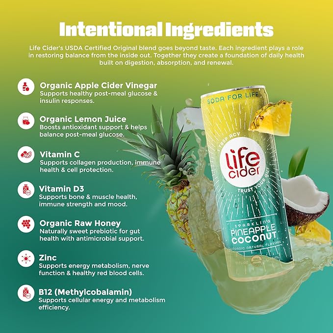Life Cider Pineapple Coconut Apple Cider Vinegar Soda 12 Pack Organic Sparkling AVC Drink Natural Flavors Promotes Gut Health Vitamins C B12 Zinc D3