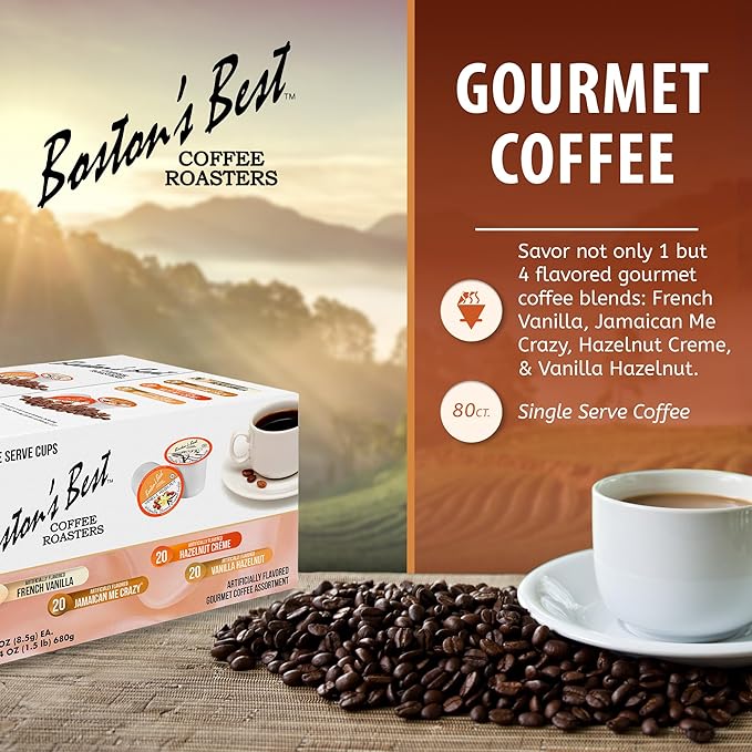 Boston’s Best Coffee Roasters Single Serve Cups - Assorted Coffee Pods – French Vanilla Jamaican Me Crazy Hazelnut Crème &amp Vanilla Hazelnut – 80 Ct