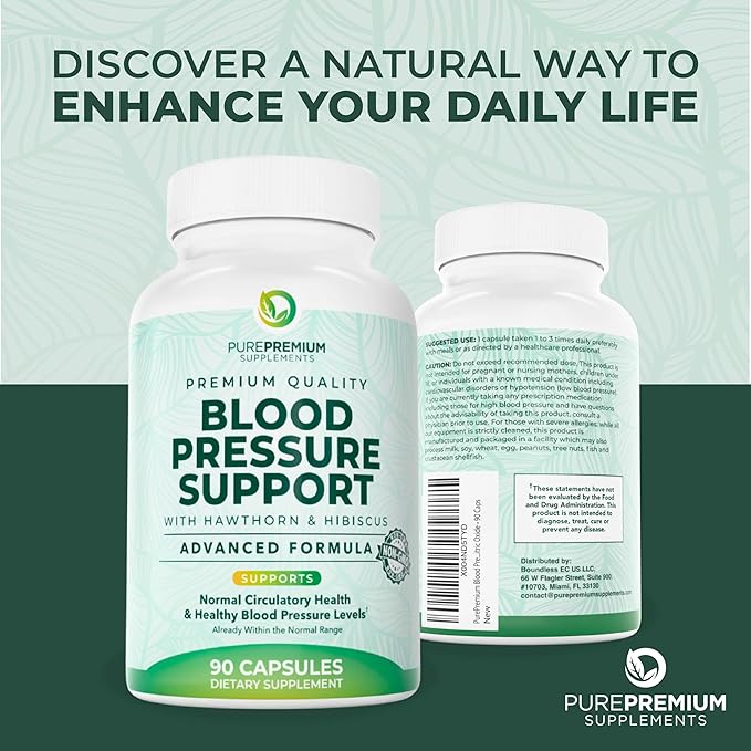 PurePremium Blood Pressure Supplements with Hawthorn Berry Hibiscus Garlic &amp Vitamin B12- Nitric Oxide Supplement for Normal Heart Health Circulation Health &amp Blood Pressure Support - 90ct