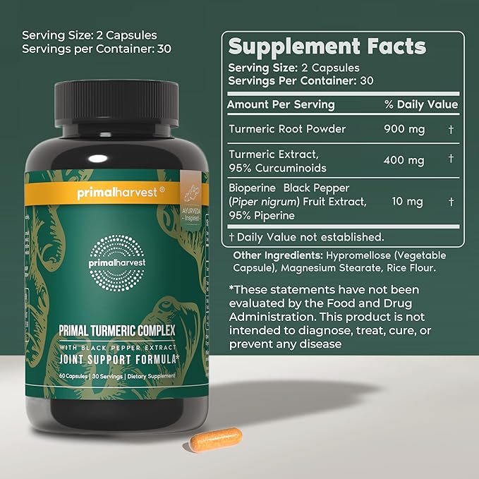Primal Harvest 2 Pack Primal Turmeric Complex w/Black Pepper Extract Joint and Mobility Support Supplement for Women &amp Men 120 Capsules