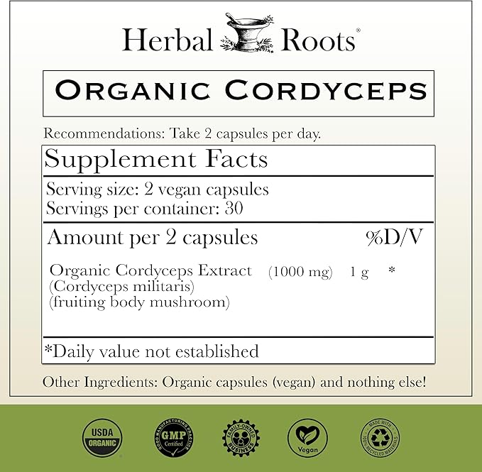Herbal Roots Organic Cordyceps - Fruiting Body Extract Mushroom Capsules - Immune &amp Energy Support - 60 Vegan Capsules