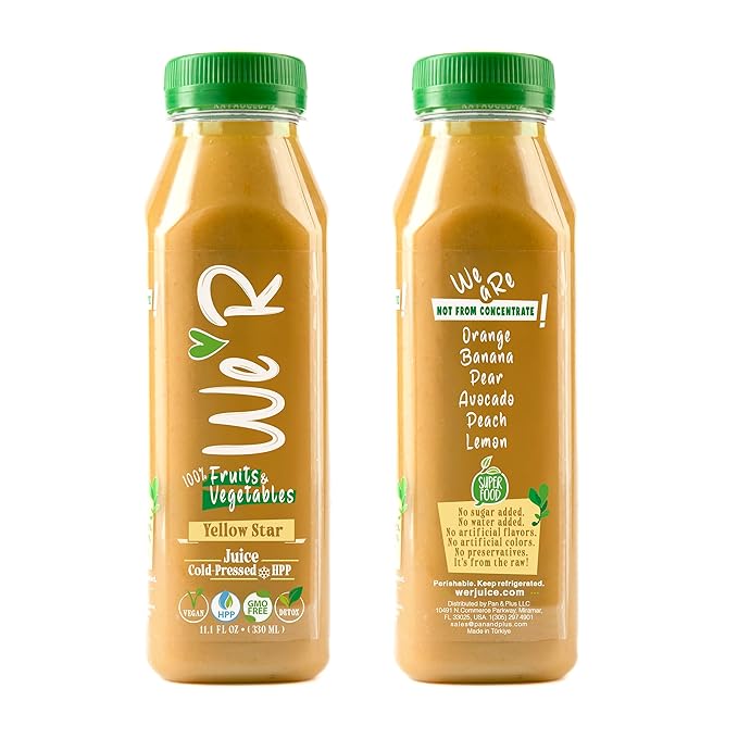 WE’R Yellow Star – 100% Fruits &amp Vegetables Juice – Orange banana pear avocado peach lemon – Cold-Pressed &amp HPP – 10 Pack – 11.2 fl oz Each (330 ml) – Nothing Added! Vegan GMO-Free Not