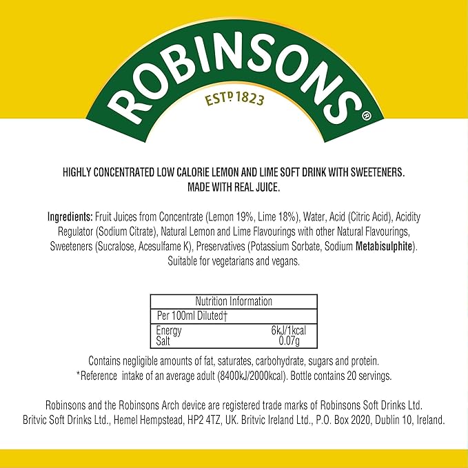 Robinsons Mini - No Added Sugar - Low Calorie - Lemon and Lime 66 ml (pack of 6)