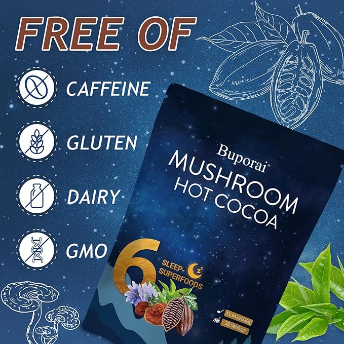 Mushroom Hot Cocoa with Melatonin Reishi L-Theanine Cocoa Powder Hot Chocolate Nighttime Drink Mix for Sleep &amp Relax - 30 Servings