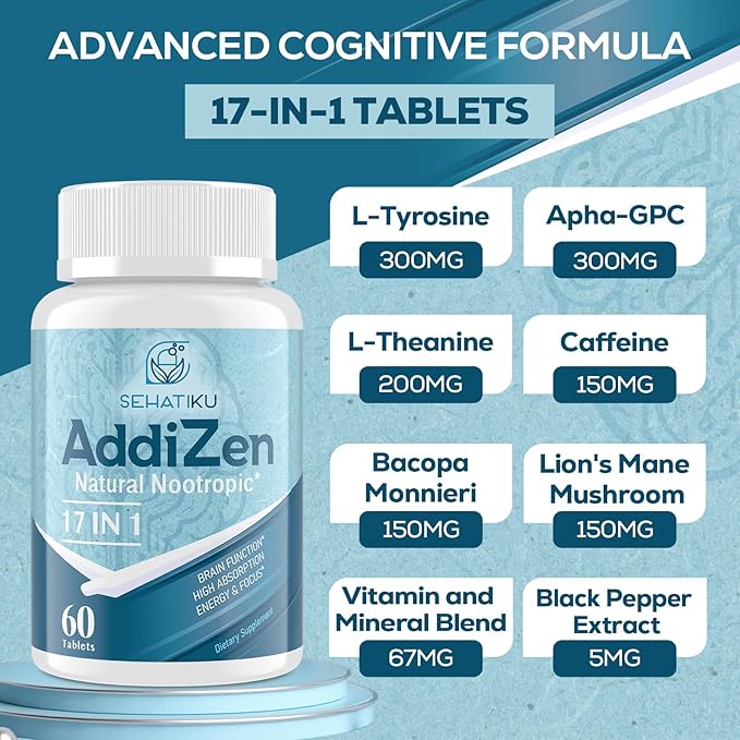 17-in-1 Brain Supplement for Memory and Focus | Natural Nootropics Brain Supplement for Brain Cognition Energy | High Absorption | L-Theanine Phytonutrient Blend and Vitamins B6 B12 | 60 Tablets
