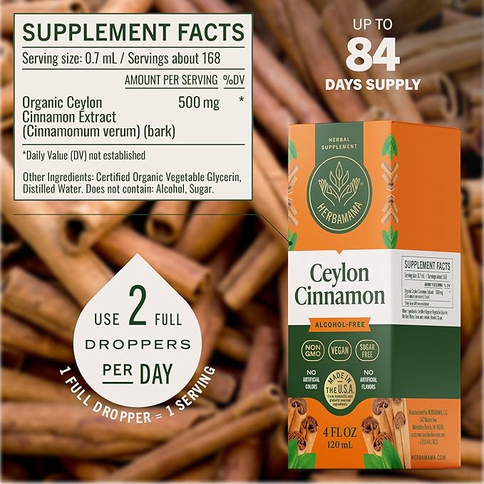 HERBAMAMA Ceylon Cinnamon Extract Liquid - Cinnamon Drops for Antioxidant &amp Overall Support - Non-GMO Alcohol &amp Sugar-Free Supplement 84-Day Supply