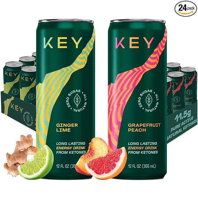 KEY 24-Pack Combo Bundle - Ketone Energy Drink - Ginger Lime 12pk &amp Grapefruit Peach 12pk - Sugar Free All Natural Long Lasting Energy Optimal Green Tea Caffeine &amp L-Theanine for Mental Foc