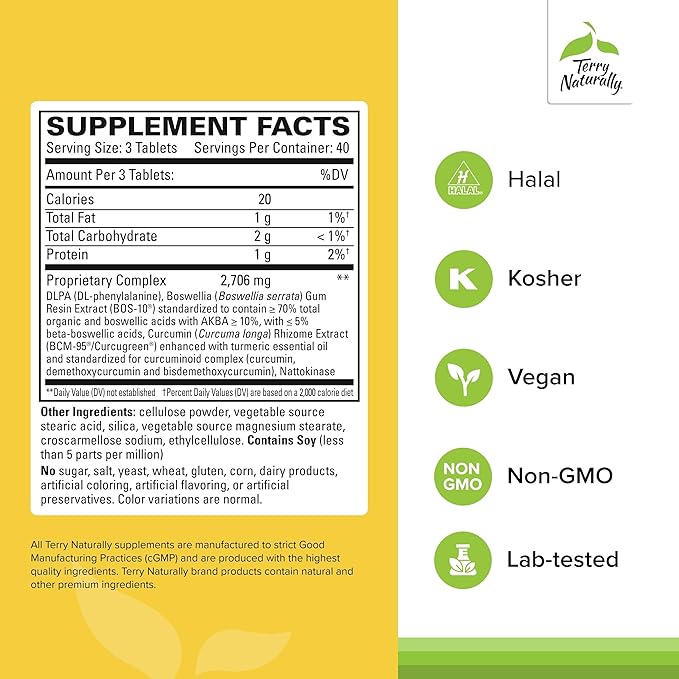 Terry Naturally Curamin Extra Strength - 120 Vegan Tablets - Non-Addictive Pain Relief Supplement with Curcumin from Turmeric Boswellia &amp DLPA - Non-GMO Gluten-Free - 40 Servings